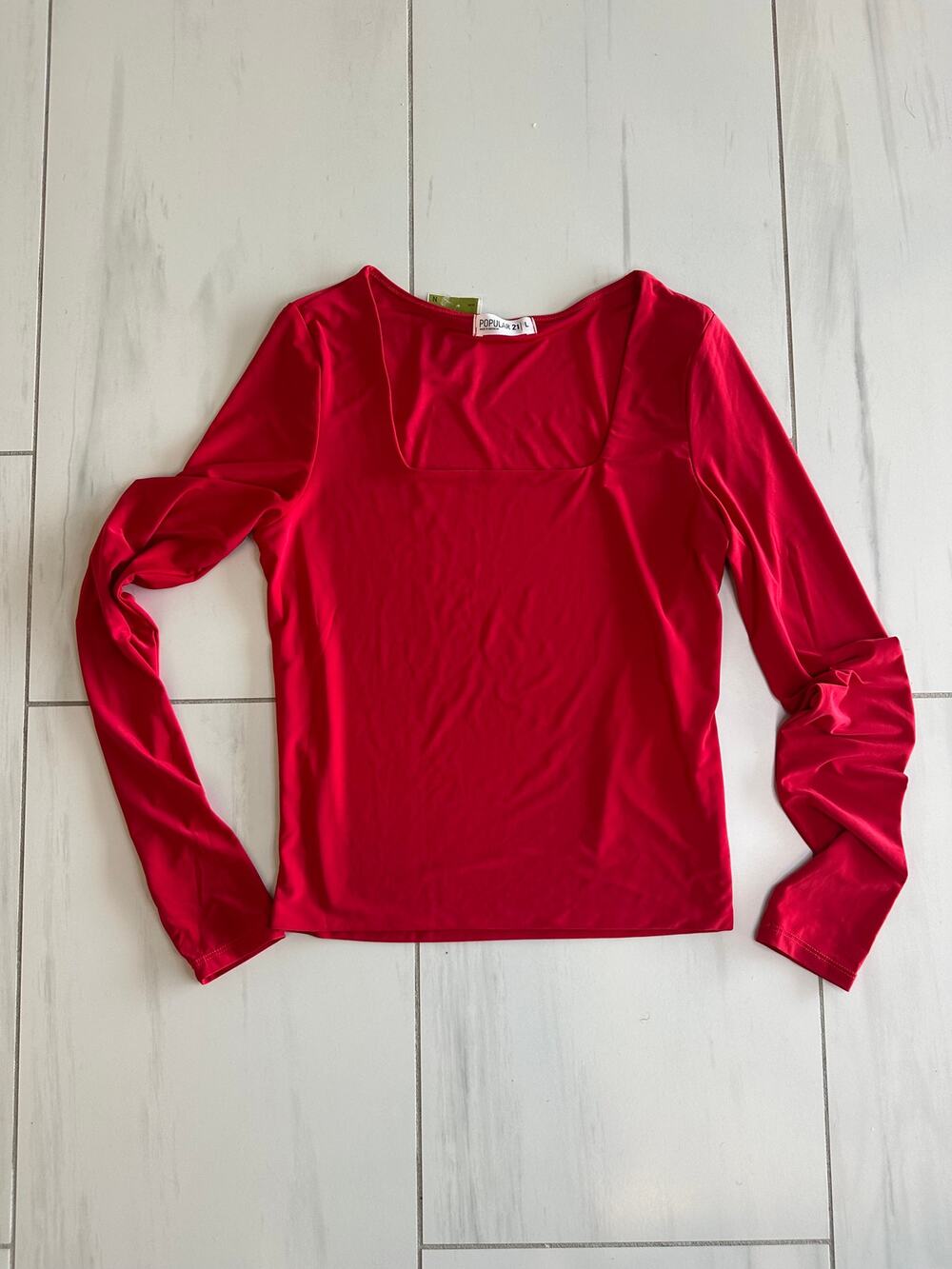 Popular 21 Women's Red Square Neck Long Sleeve Stretch Fitted Top Size Large